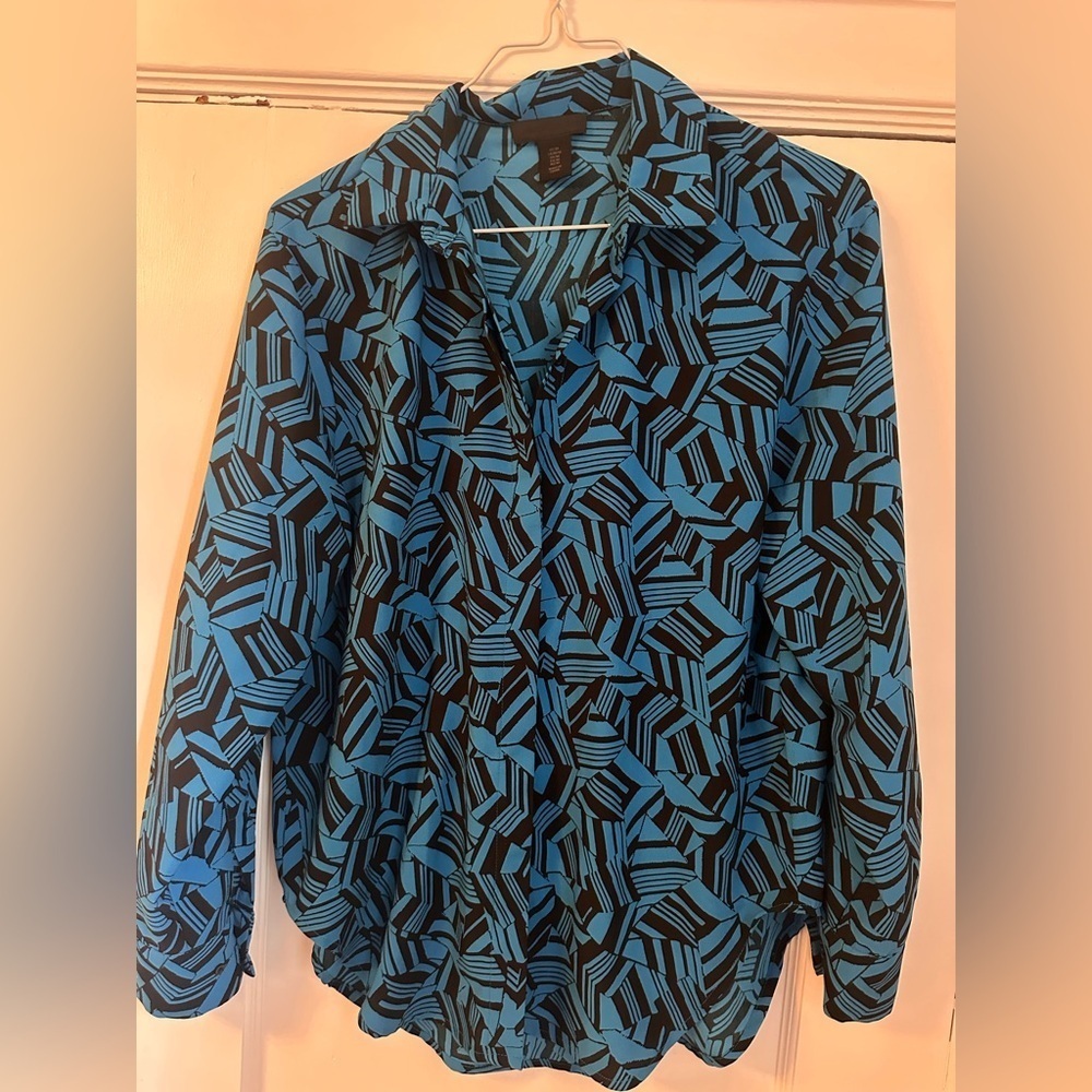 Maison Cinqcent Graphic Print Blouse | Blue & Black Abstract | Size M